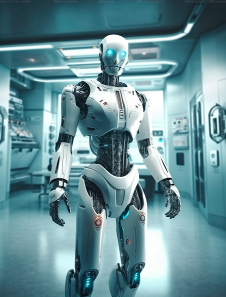 站在无菌医疗室的白色人型智能机器人科技