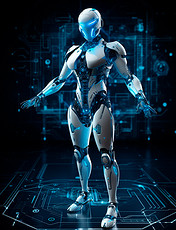 蓝色光晕的白色科幻智能机器人站在可视化界面前科技