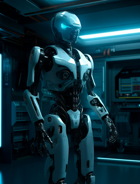 白色人形高智能机器人站在机房检查工作科技