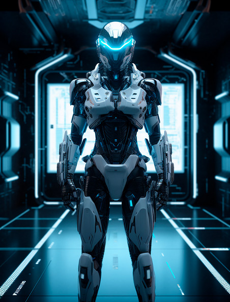 站在作战室中间的白色人形科幻智能战斗机器人科技