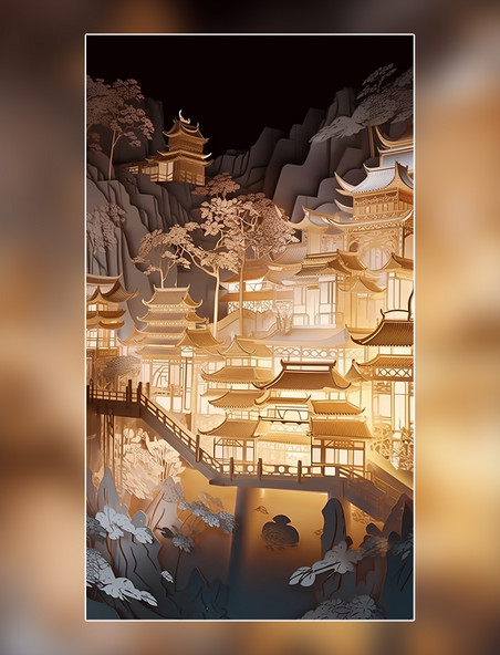 建筑西安古城中国超美插图春季城市剪纸艺术中国建筑平面插图