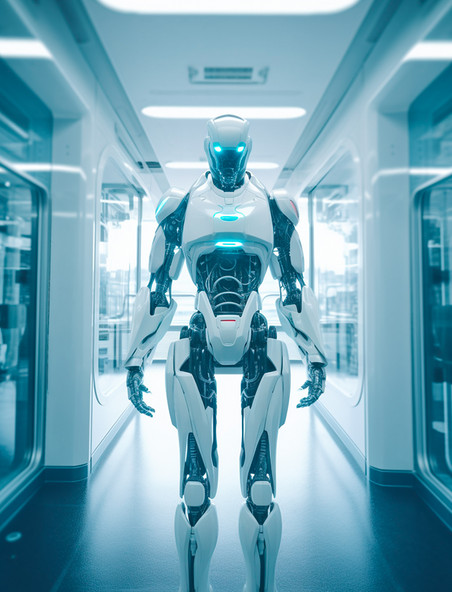 蓝色光芒的白瓷外壳类人机器人高智能未来机器人科技