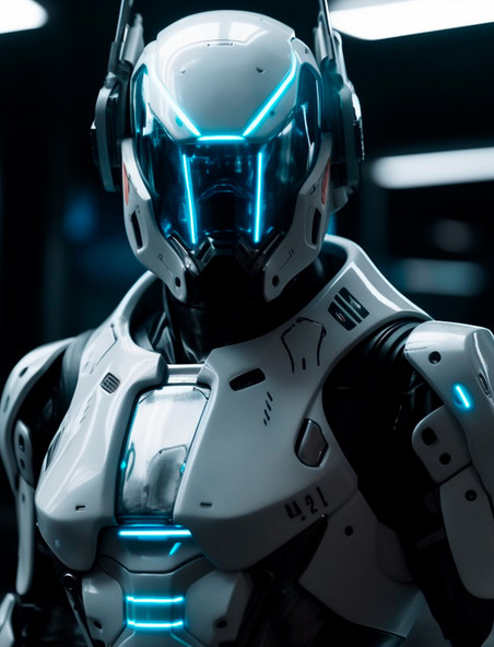 看着镜头的白蓝配色智能科幻类人形机器人科技