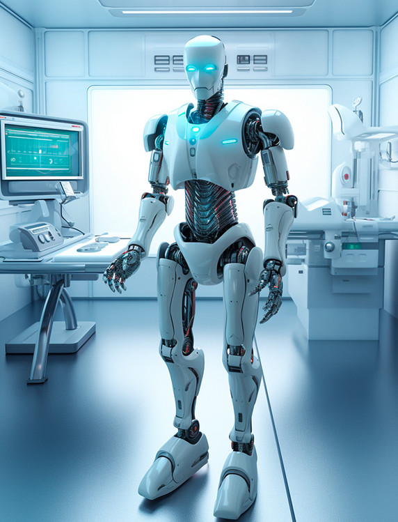 在医疗无菌室里的白色人型人工智能未来机器人科技