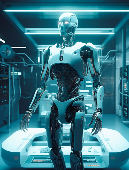 站在无菌检测台旁边的未来人形智能机器人科技