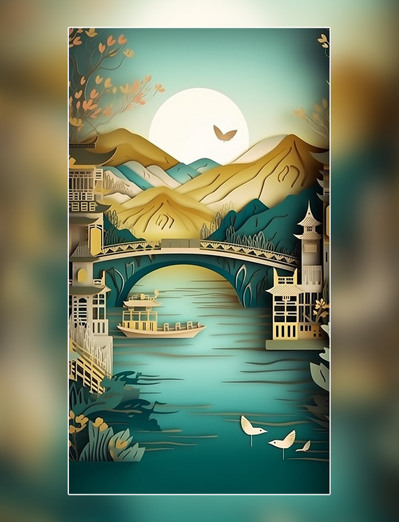 武汉长江大桥中国超美插图春季城市剪纸艺术中国建筑平面插图