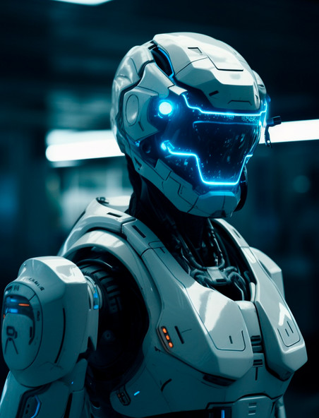 站在镜头前面视察的白色人形智能机器人机械战士科技