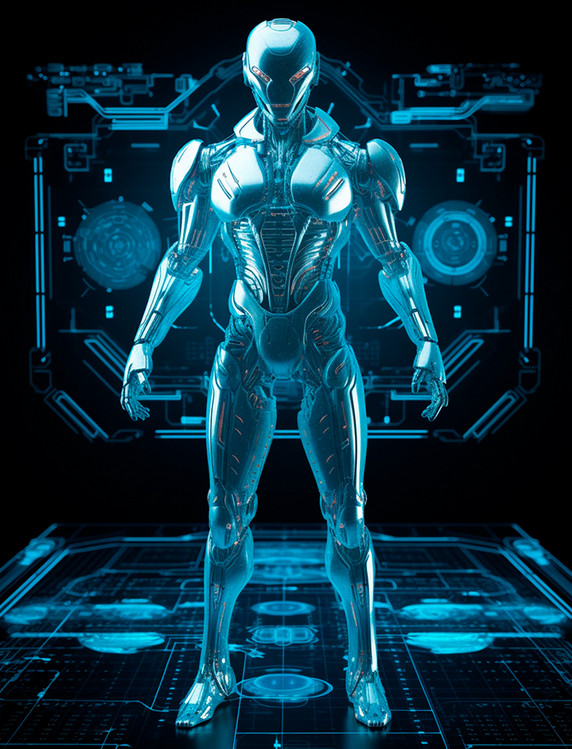 银色人形超人工智能未来科幻战斗机器人站在可视化面板前科技