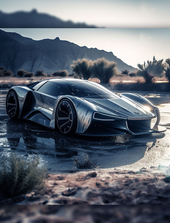 银色超跑未来感科幻停在雨后的路面上