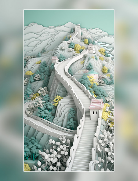 春天剪纸艺术中国超美插图北京长城春季城市中国建筑平面插图