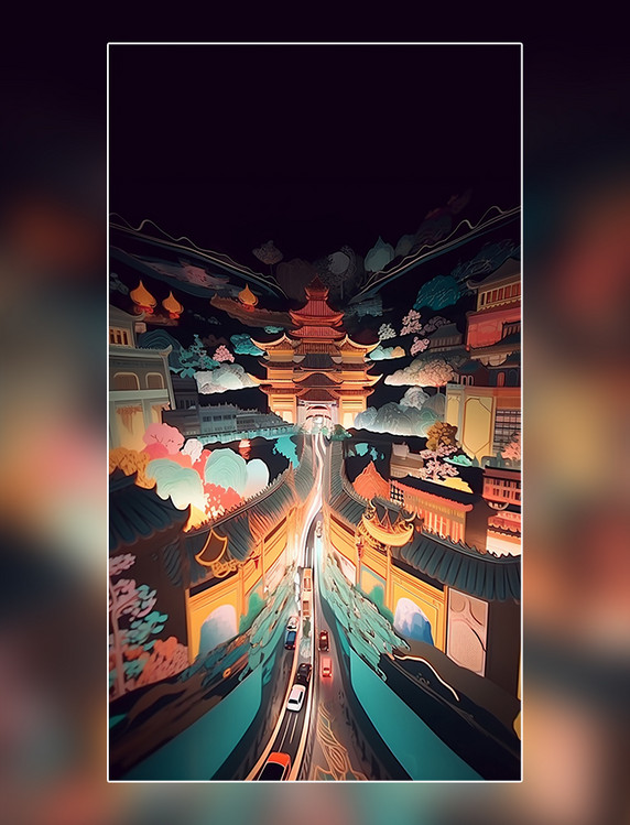西安大唐不夜城中国超美插图春季城市剪纸艺术中国建筑平面插图