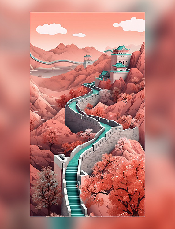 中国超美插图北京长城春季城市剪纸艺术中国建筑平面插图