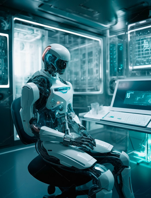 白色人形机器人坐在办公椅上监视电脑工作科技