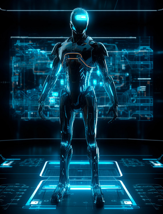 站在作战指挥中心可视化界面前的黑色科幻智能机器人科技