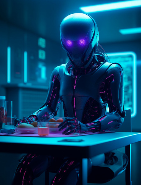 黑紫配色的科幻智能机器人坐在椅子上准备吃水果科技