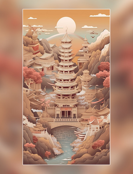 西安钟鼓楼中国超美插图春季城市剪纸艺术中国建筑平面插图