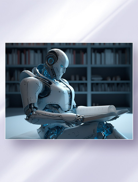 坐在资料室地面上认真读书的白色智能科幻机器人科技