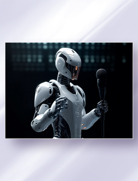 黑白配色人工智能科幻机器人拿着话筒唱歌科技