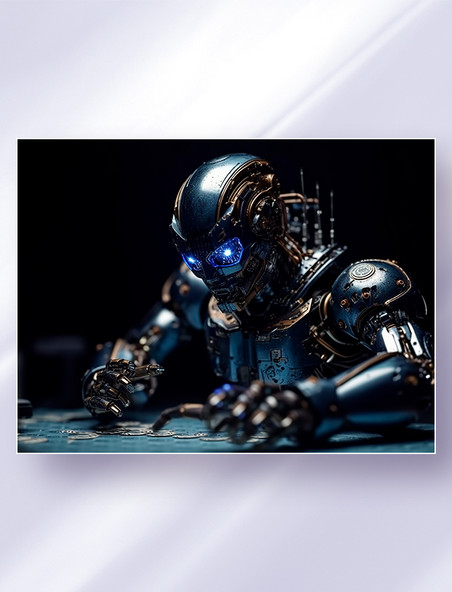 黑金配色的科幻智能机器人在认真焊接晶片科技