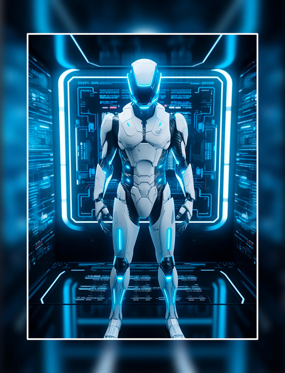 站在全息可视化屏幕前的白色人形科幻智能机器人科技