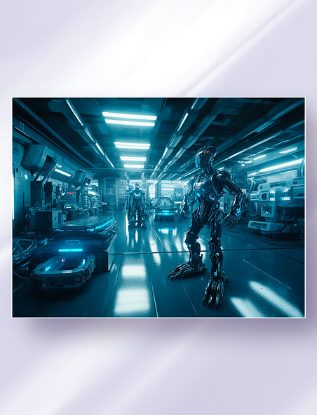 站在制造基地实验室的黑蓝配色智能机器人科技