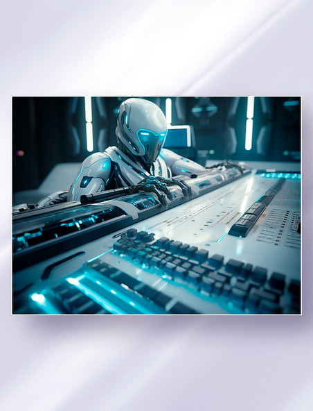 白色科幻智能机器人在检查超算控制中心操作台科技