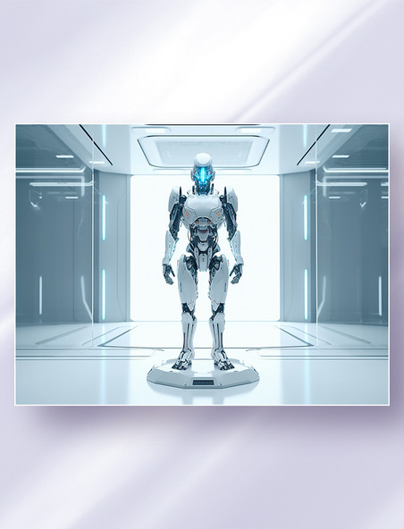 白色实验舱里的智能科幻机器人机甲战士科技