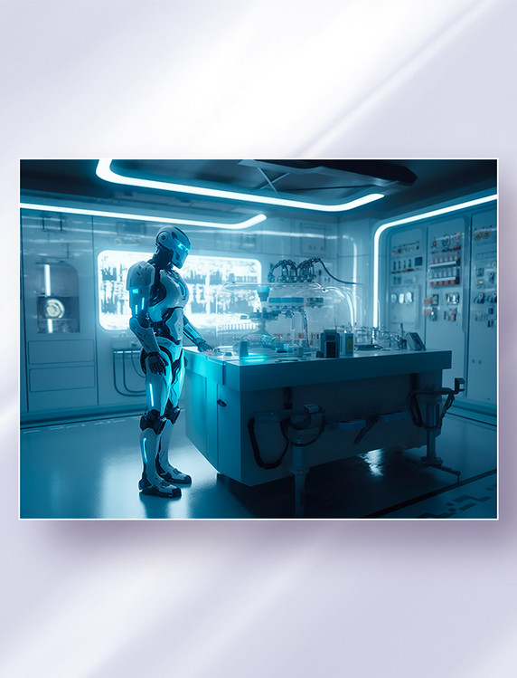 站在实验室观察的人型科幻智能机器人战士科技