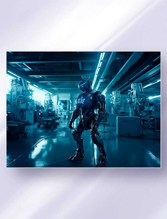 在制造基地巡视的黑色机甲科幻智能机器人科技