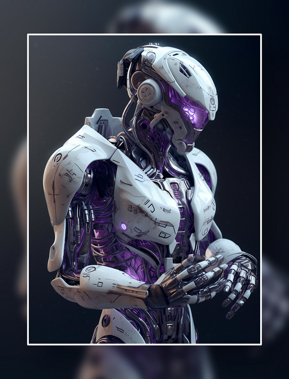 紫白配色智能科幻未来机器人看着自己的手科技