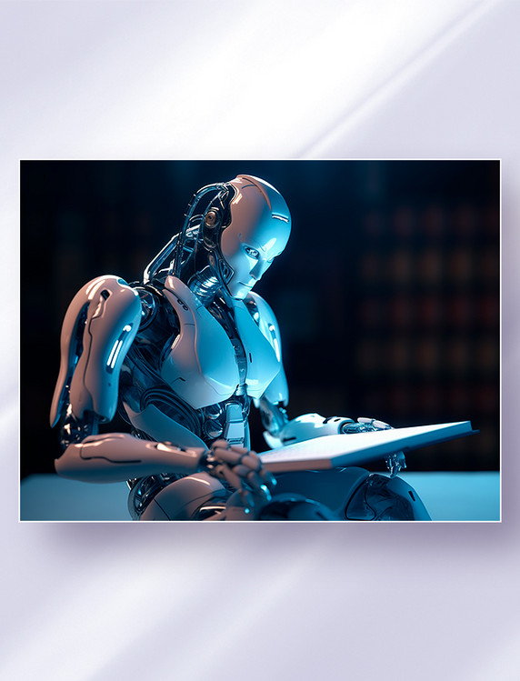 坐在地板上看书的白色人形仿生科幻智能机器人科技