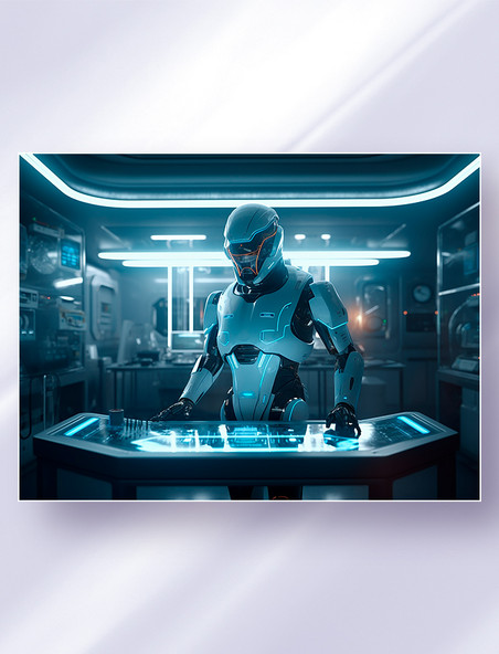 站在基地控制中心操作台前面的黑白色科幻智能机器人科技