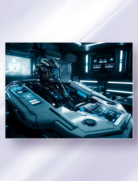 黑色科幻智能机器人坐在单仓控制台里工作科技