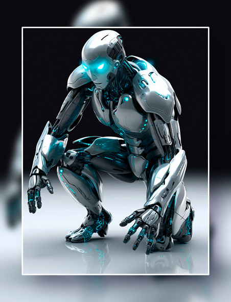 金属银色未来智能科幻机器人单膝跪地姿势科技