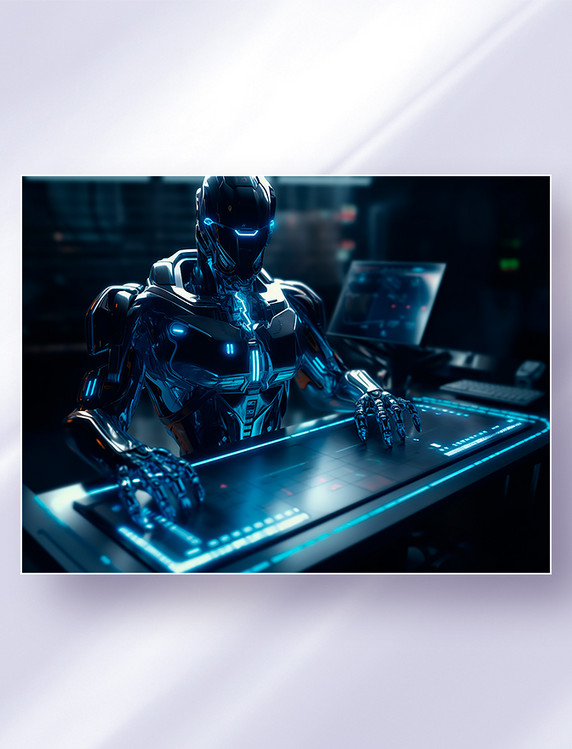 黑蓝色超智能人形机器人在作战室里控制指挥台面板科技