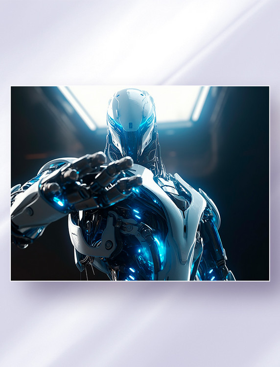 白蓝色人工智能科幻机器人抵扣看着自己的手科技