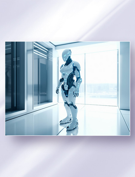 站在无菌实验室的黑白配色智能科幻机器人战士科技
