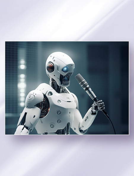拿着麦克风唱歌的白色人形智能机器人科技