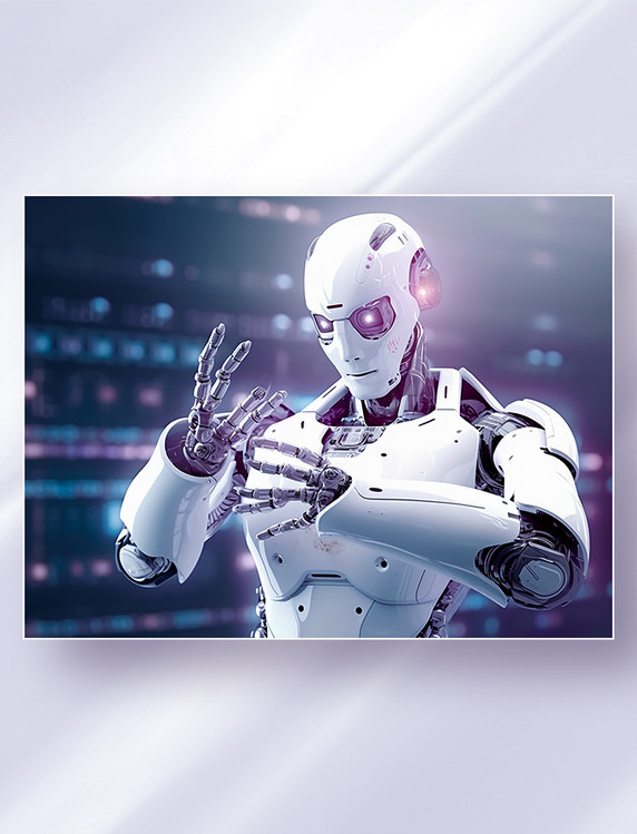 白色仿生智能科幻机器人在看自己的双手科技