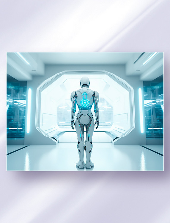 背对着站在无菌实验舱里的白色科幻智能机器人科技
