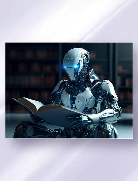 黑白配色的科幻智能机器人坐在图书馆里认真看书科技