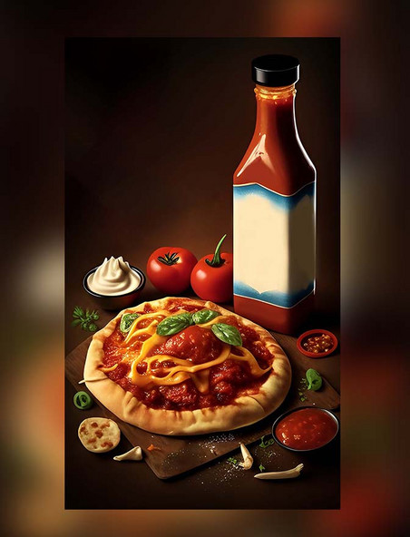 美味披萨和番茄酱宣传美食广告