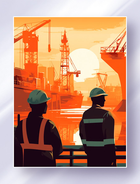 夕阳下两名站在码头监督工作的工人师傅工程师五一劳动节