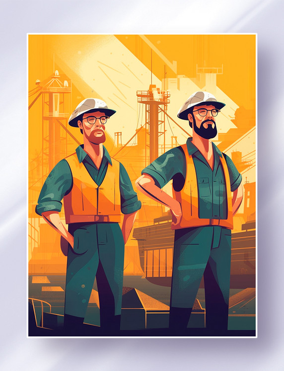 两个戴着安全帽的工程师工人站在造船厂前面五一劳动节