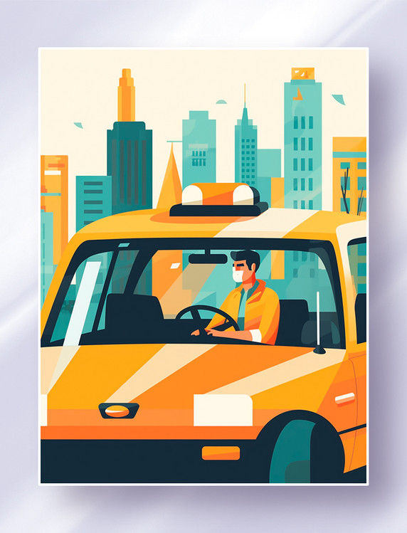 开出租车的司机师傅行驶在城市街头平面插画