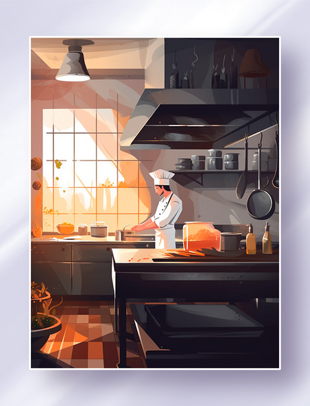 干净的厨房里夕阳透过窗户照在正忙碌做饭炒菜的厨师身上