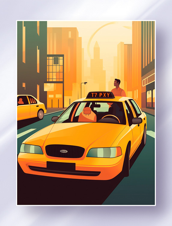 在城市街头的出租车和司机师傅场景插画