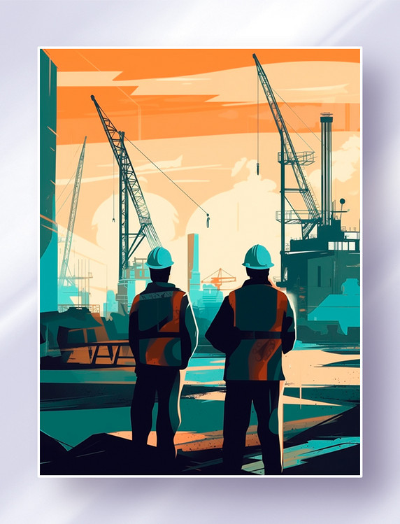 站在码头视察工作的两个工程师插画五一劳动节