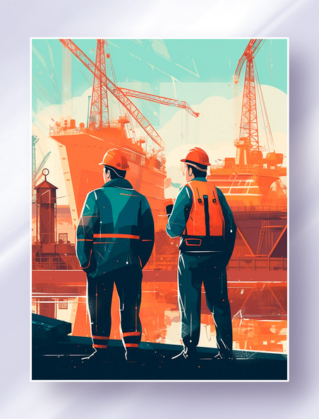蓝橙色扁平插画戴着安全帽的工人站在造船厂前工作五一劳动节