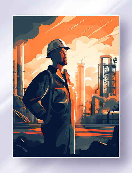 戴着安全帽的工人站在工厂前面场景插画五一劳动节